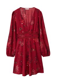 Red floral dress with long puff sleeves, deep V-neck, and gathered waist. Features delicate flower and butterfly patterns, soft fabric texture.
