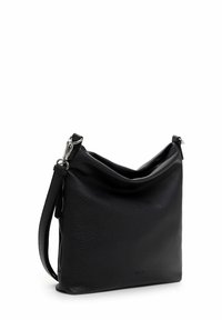 Black leather crossbody bag with a textured finish, a slouchy top, and a detachable strap. Features silver hardware and a flat base.