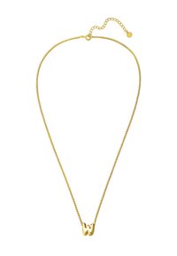 Zlatý náhrdelník s jemným retiazkou, ktorý obsahuje vyvýšený prívesok v tvare písmena "W". Retiazka má nastaviteľnú dĺžku a zapínanie na homárske sponu.