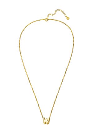 Collier en or avec une chaîne fine et un pendentif en forme de lettre "W" en relief. La chaîne a une longueur réglable avec un fermoir en forme de homard.