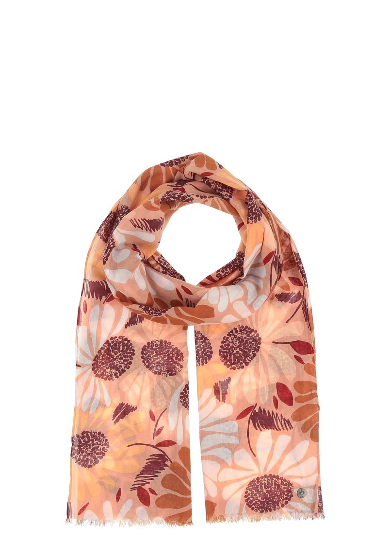 Eșarfă ușoară, cu un model floral portocalie, prezentând flori mari de culoare roz și burgund, cu o textură transparentă și margini desfăcute.