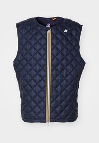 Navy blue quilted vest with a round neck, front zipper featuring yellow, white, and red stripes, and logo detail on the upper left.