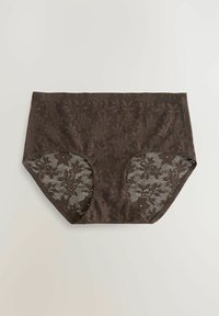 Ruskea pitsinen hipster-alushousu, jossa on kukkakuosi ja kiinteät verkkopaneelit sivuilla, esittelee hienoa yksityiskohtaisuutta ja tekstuuria.