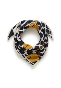 Cotton scarf featuring a geometric pattern of navy blue, cream, and mustard yellow circles and lines; finished with a stitched edge.