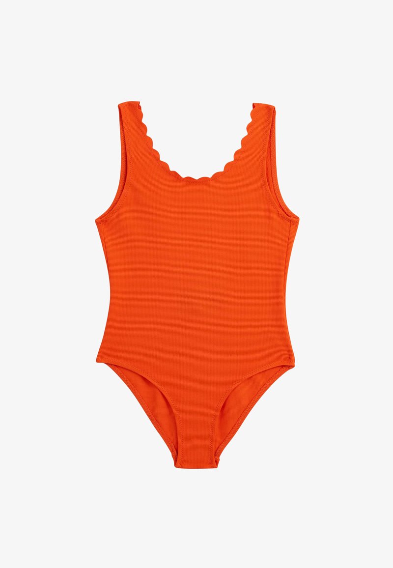 Maillot de bain une pièce orange avec une texture côtelée, un décolleté festonné et de larges bretelles, présentant un design à jambes hautes.