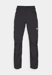 Pantaloni negri de exterior cu un buzunar frontal cu fermoar, din material sintetic, cu picioare îngustate și panouri de genunchi întărite. Prezintă o închidere cu buton.