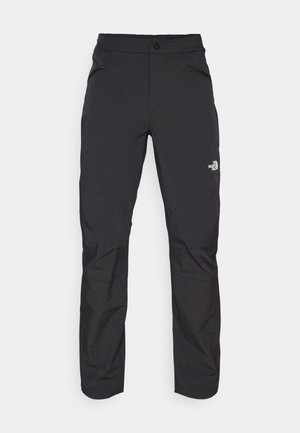 Black outdoor pants with a zippered front pocket, synthetic material, tapered legs, and reinforced knee panels. Features a button closure.