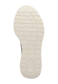 Weiße Gummisohle mit strukturiertem Grip, mit horizontalen und vertikalen Rillen, runder Zehenbereich und geprägtem Markenlogo an der Seite.