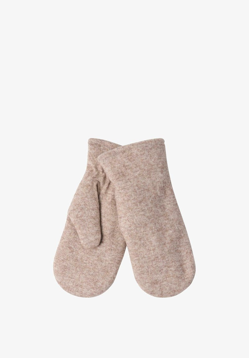 Braune Wollhandschuhe mit einer weichen Textur, die eine traditionelle Form aufweisen und keine getrennten Finger haben. Minimales Design mit einem dezenten Muster.