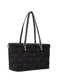 Sac cabas noir avec motif floral décoratif, tissu texturé et double sangle d'épaule. Comprend des accents de quincaillerie ton or.