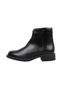 Black leather ankle boot with a smooth finish, rounded toe, and low stacked heel. Seamless design with no visible hardware or accents.