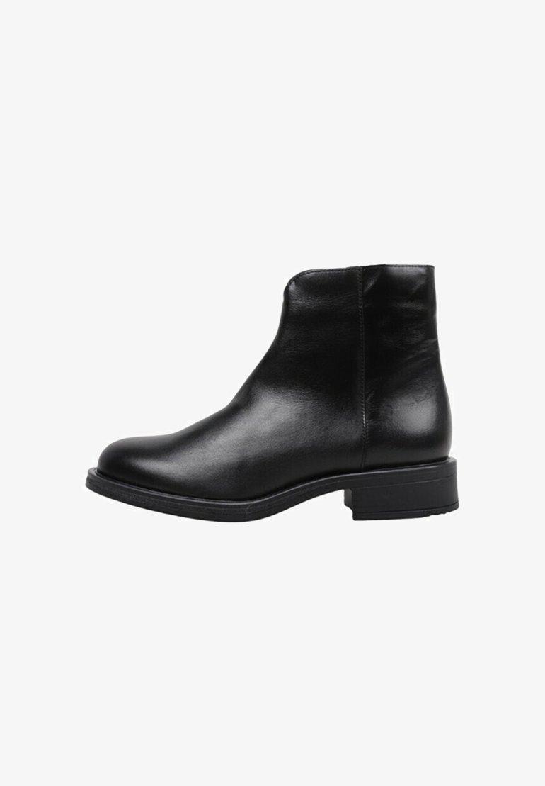 Black leather ankle boot with a smooth finish, rounded toe, and low stacked heel. Seamless design with no visible hardware or accents.