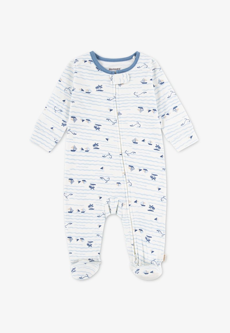 Μπλε και λευκό παιδικό φορμάκι με μακριά μανίκια, διακοσμημένο με ναυτικό μοτίβο από βάρκες, κύματα και φοίνικες. Μαλακό βαμβακερό ύφασμα, κούμπωμα με τρουκς.