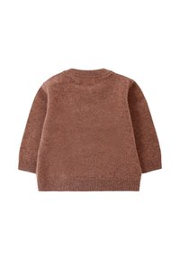 Maglione marrone lavorato a maglia con maniche lunghe, polsini e orlo a costine, texture morbida e scollatura rotonda. La vista posteriore mostra un motivo solido e uniforme.