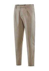 Pantaloni beige con un design a gamba dritta, caratterizzati da una vita piatta, una texture liscia e una cerniera con passanti per cintura.