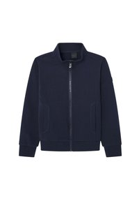 Veste zippée bleu marine avec un col haut, deux poches avant et un logo contrasté sur la fermeture éclair, fabriquée dans un tissu doux et texturé.