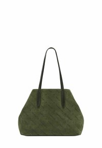 Zielona zamszowa torba tote z czarnymi skórzanymi uchwytami, posiadająca teksturowaną powierzchnię i wytłoczony wzór z napisem "Berlin."