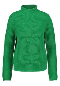 Vihreä neulepaita korkealla kauluksella, jossa on teksturoitu resorikuvio ja etuosassa kylkiraidat. Pitkät hihat, rento istuvuus.
