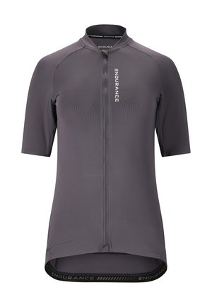 Dunkelgraues kurzärmeliges Radtrikot mit Frontreißverschluss und dem Schriftzug "ENDURANCE" auf Brust und Saum, entworfen für sportliche Aktivitäten.