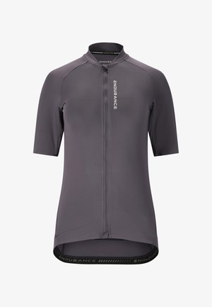 Dunkelgraues kurzärmeliges Radtrikot mit Frontreißverschluss und dem Schriftzug "ENDURANCE" auf Brust und Saum, entworfen für sportliche Aktivitäten.