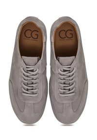 Paire de chaussures décontractées en daim gris clair à lacets avec semelles intérieures marron de la marque "CG Cesare Gaspari" vues de dessus sur fond blanc.