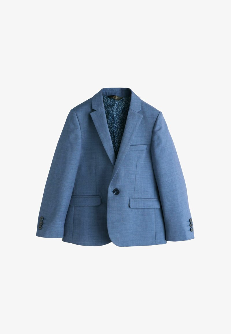 Blazer azul claro con tela texturizada, cuenta con solapas con muesca, cierre de un solo botón y dos bolsillos delanteros. Forro con estampado floral visible.