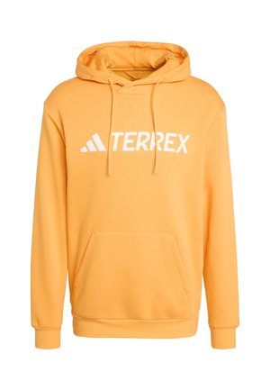 Gele pullover hoodie met een groot wit "TERREX" logo, trekkoordcapuchon, kangaroo zak en ribgebreide manchetten en zoom.