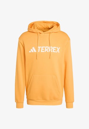 Gelbes Kapuzenpullover mit großem weißen "TERREX"-Logo, Kordelzugkapuze, Kängurutasche und gerippten Bündchen und Saum.