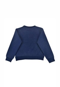 Navy blue sweatshirt with a textured surface, crew neck, and ribbed cuffs. Features a simple, classic design with no visible logos.