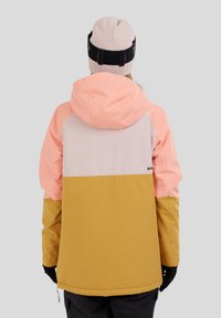 Person wearing a color-blocked winter jacket with pink, beige, and mustard sections, a beige beanie with black strap, and black gloves, viewed from behind.