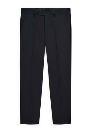 Schwarze maßgeschneiderte Hose aus glattem Stoff, mit flachem Frontdesign, Gürtelschlaufen und Seitentaschen. Der Schnitt ist gerade.