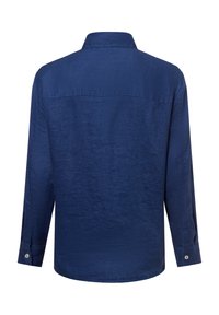 Navy blue long-sleeve shirt with a smooth texture, button cuffs, and a back yoke detail. Straight hem and subtle sheen.