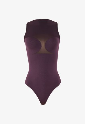 Body senza maniche in prugna con pannello in rete trasparente sulla parte superiore del torace e delle spalle, caratterizzato da un colletto alto e ritagli curvilinei sul seno.