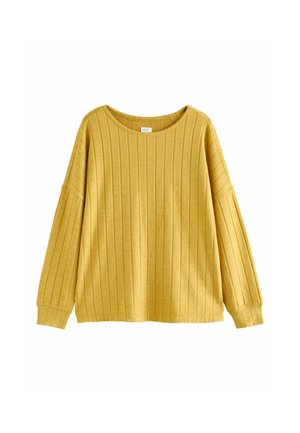 Top galben, cu dungi, din material elastic, cu mâneci lungi, decolteu rotund și umeri căzuți. Textură moale cu un model de dungi verticale.