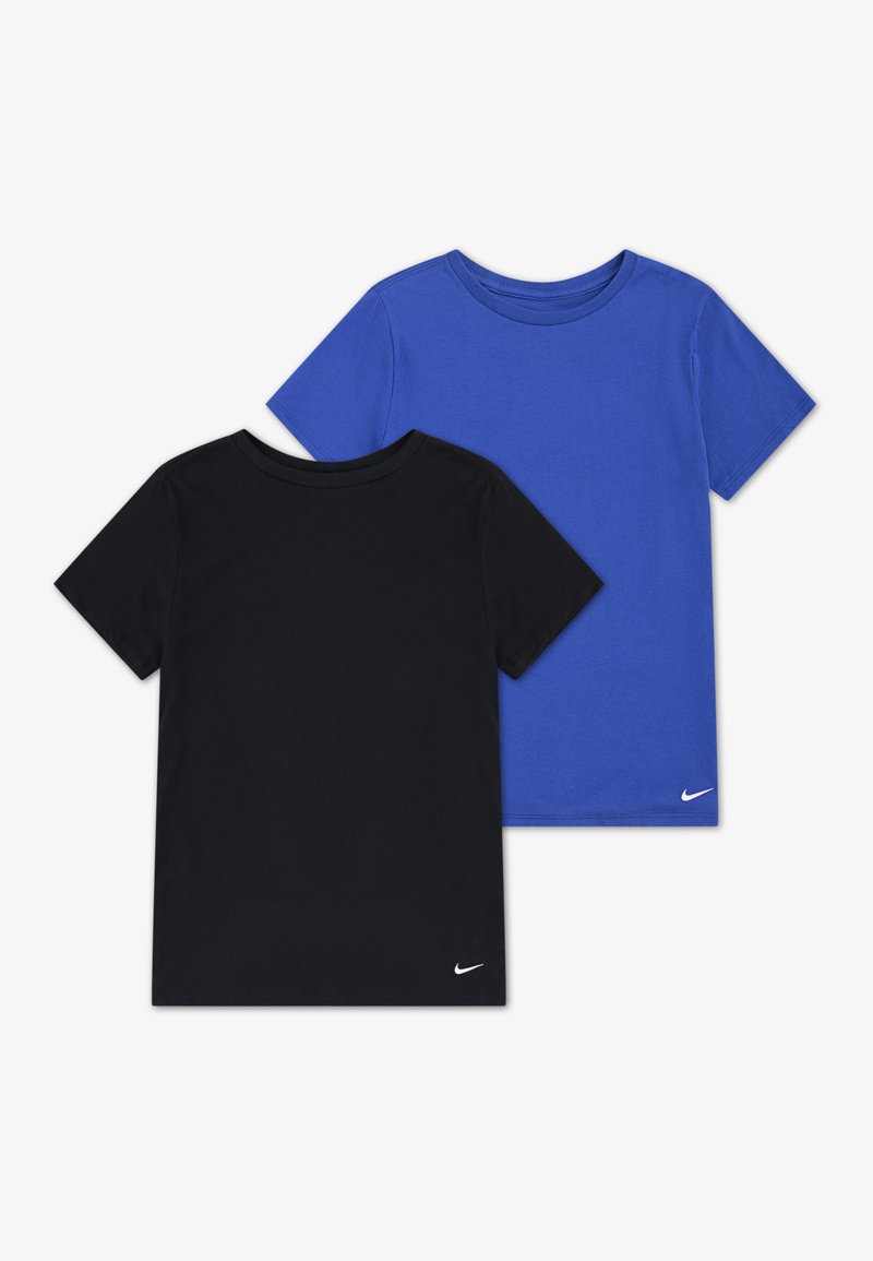 Two short-sleeve t-shirts: one black and one blue. Made of cotton, featuring a crew neck and a small Nike logo on the front bottom corner.