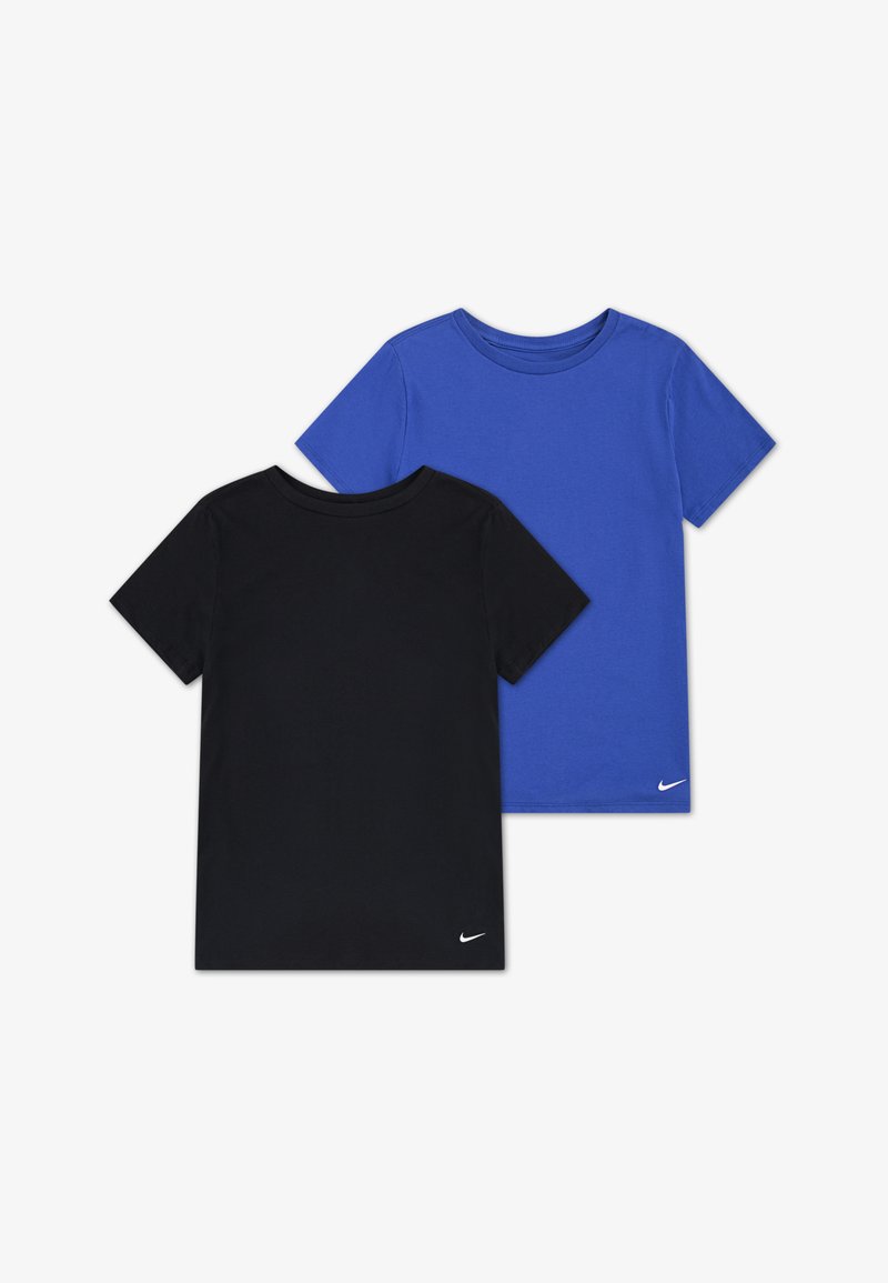 Two short-sleeve t-shirts: one black and one blue. Made of cotton, featuring a crew neck and a small Nike logo on the front bottom corner.