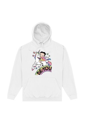 Biała bluza z kapturem z kolorowym nadrukiem przedstawiającym postać z kreskówki jeżdżącą na jednorożcu, otoczoną gwiazdami oraz napisem "BĄDŹ SOBĄ" w tęczowym łuku.