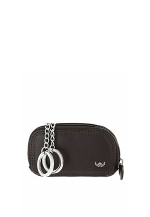 Small dark brown leather zippered pouch with two attached silver key rings on chains and a small metallic logo emblem.