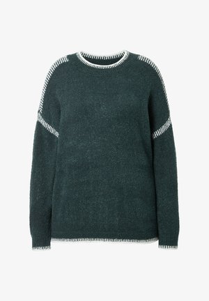 Pull long à manches longues vert foncé avec une texture duveteuse, présentant un bord blanc sur le col, les épaules, les coutures des manches et l'ourlet.