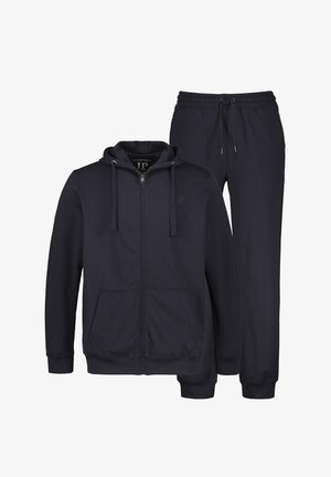 Marine hoodie en jogger-set gemaakt van zacht materiaal; voorzien van een ritssluiting aan de voorkant, een capuchon, kangoeroezakken en een elastische tailleband voor comfort.