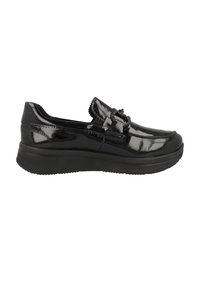 Czarne lakierowane buty typu slip-on z okrągłym noskiem, ozdobnym węzłem i teksturowaną czarną podeszwą. Zawierają subtelne detale w przeszyciach.