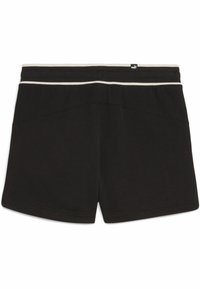 Bermudas de algodón negro con una cinturilla elástica ancha con detalles en blanco, textura suave y dos bolsillos traseros con un diseño sin costuras.