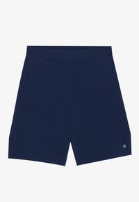 Mørkeblå shorts lavet af letvægtsstof med elastisk talje, to sidelommer og et lille logo nederst til højre.