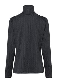 Donkergrijs, gestructureerd fleecejack met lange mouwen en hoge kraag, gezien van achteren, aangesloten bij de taille.