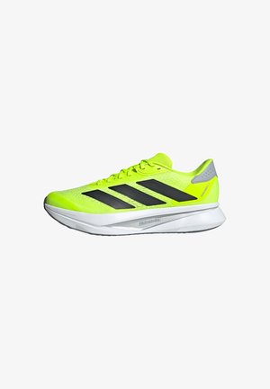 Neon yellow running shoe with black stripes, mesh upper, and gray accents. Features a lightweight white midsole and textured rubber outsole.