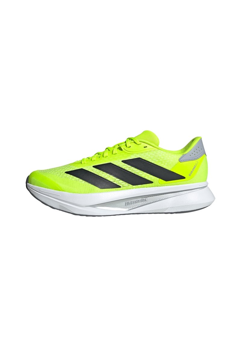 Neon yellow running shoe with black stripes, mesh upper, and gray accents. Features a lightweight white midsole and textured rubber outsole.