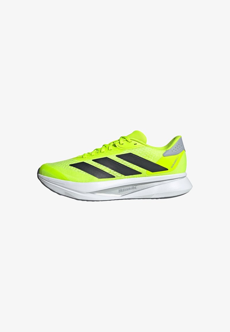 Neon yellow running shoe with black stripes, mesh upper, and gray accents. Features a lightweight white midsole and textured rubber outsole.