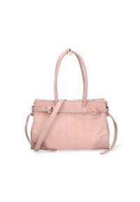 Borsa a tracolla in suede rosa con una tracolla in pelle liscia, caratterizzata da un design strutturato, dettagli in metallo dorato e una tracolla staccabile.