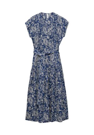 Blauwe paisley-gepatroneerde jurk met korte mouwen, een taillering in de taille en een vloeiende rok. Gemaakt van lichtgewicht stof met een comfortabele val.