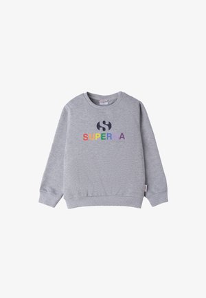 Sweat-shirt gris en tissu mélangé coton, avec col rond et manches longues. Le devant affiche le mot "SUPERGA" en lettres multicolores.